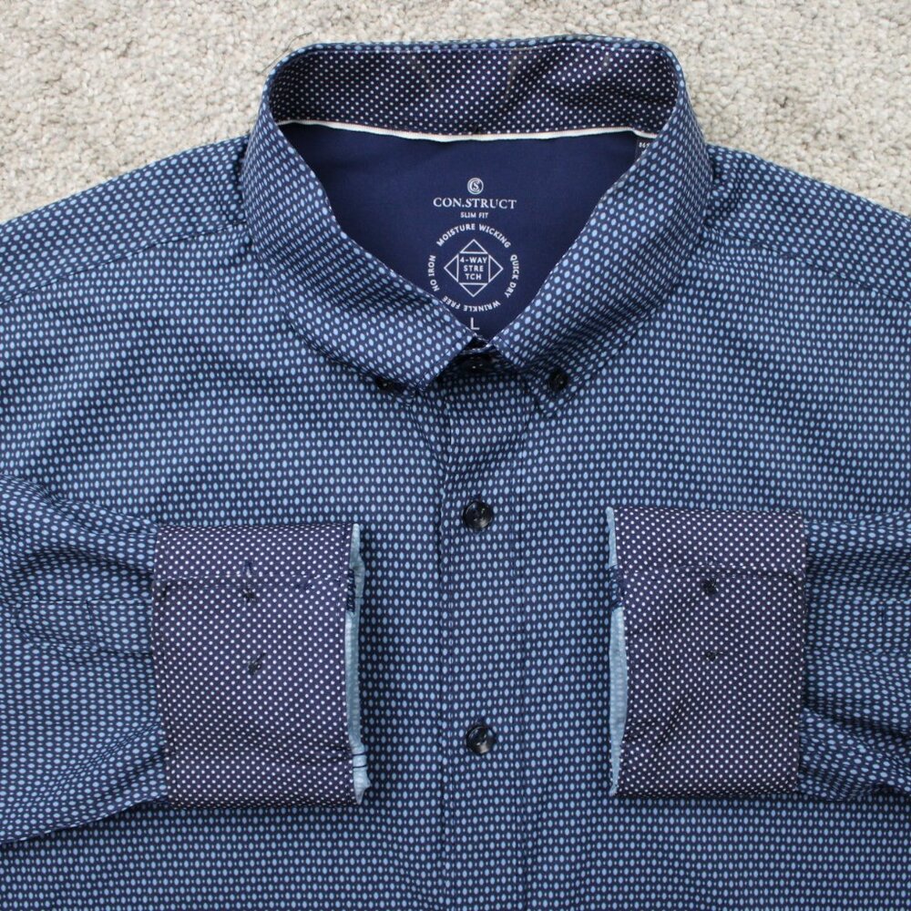 Construct Shirt Mens Large‎ Blue Geometric Slim Fit 4 Way Stretch Long Sleeve